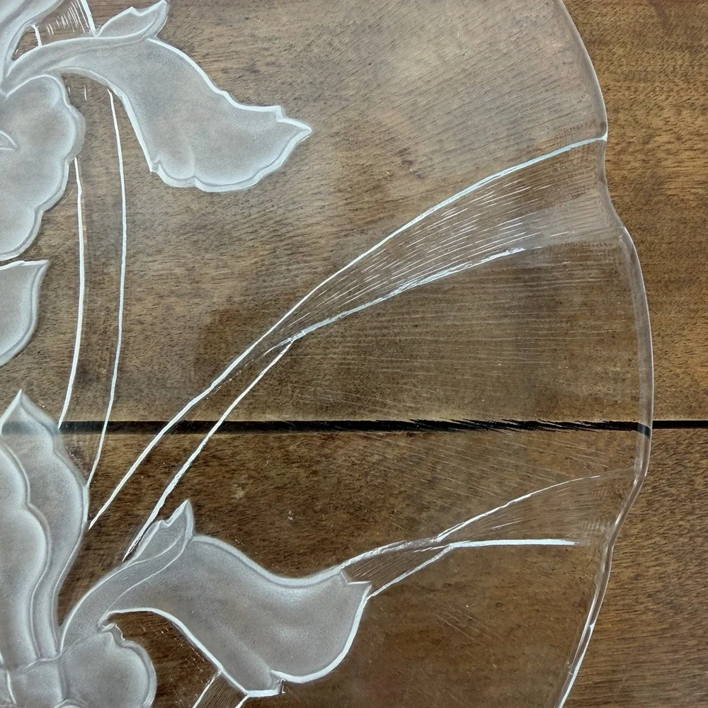 Vintage Dorothy Thorpe Sand Etched Glass‎ Iris Platter MCM Serving Plate 12